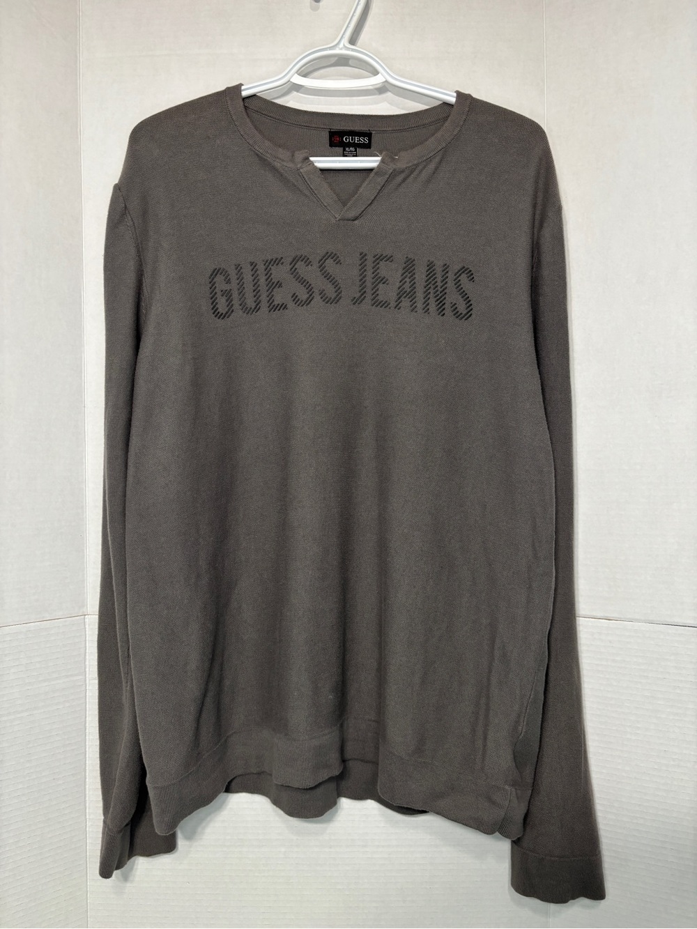 GUESS Men's Dark Gray Crewneck Long Sleeve Logo Shirt Casual Cotton Streetwear